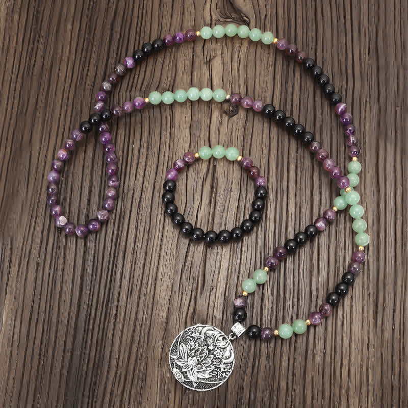 Pulsera de meditación con Buddha Stones , 108 cuentas Mala, amatista, aventurina verde, loto - image 11