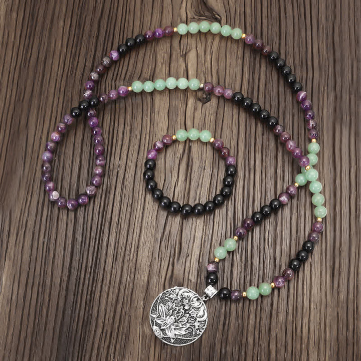 Pulsera de meditación con Buddha Stones , 108 cuentas Mala, amatista, aventurina verde, loto - image 11