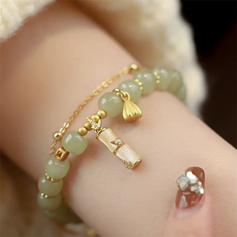 Pulsera con dijes de bambú y loto de prosperidad, jade hetiano natural, Buddha Stones