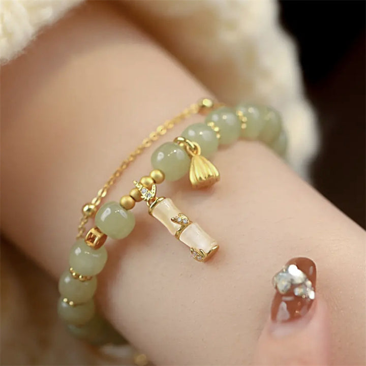Pulsera con dijes de bambú y loto de prosperidad, jade hetiano natural, Buddha Stones