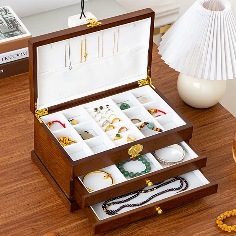 Caja de joyería de madera retro con Buddha Stones, caja de almacenamiento de joyas de tres capas