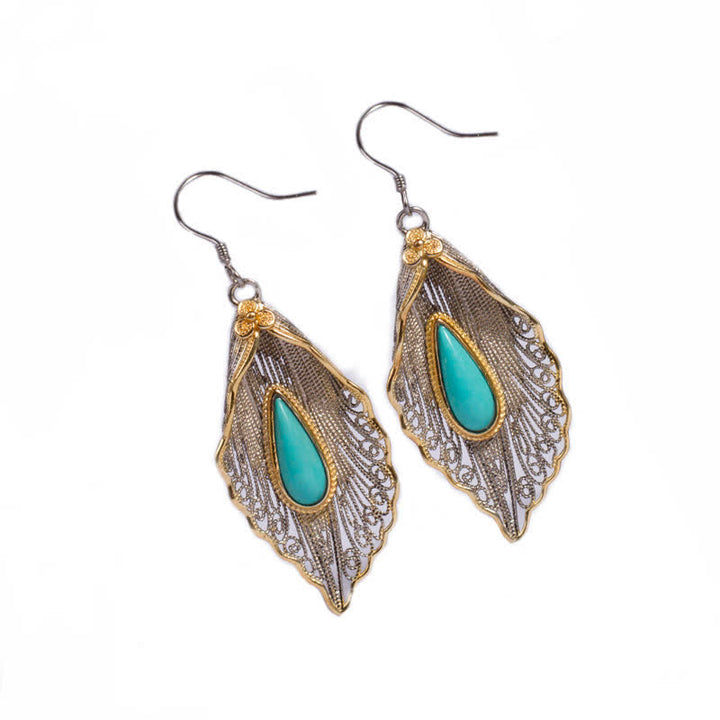 Pendientes colgantes de plata de ley 925 con diseño de hoja de Bodhi turquesa
