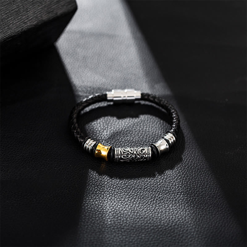 Pulsera de cuero con hebilla de acero inoxidable de la suerte con diseño de flores de la dinastía Tang de Buddha Stones