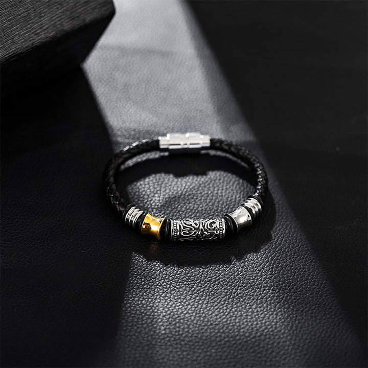 Pulsera de cuero con hebilla de acero inoxidable de la suerte con diseño de flores de la dinastía Tang de Buddha Stones