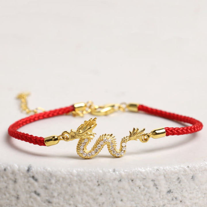 Pulsera de cadena de cuerda roja de la suerte del dragón dorado del Año del Dragón de Plata de Ley 925 con piedras de Buda