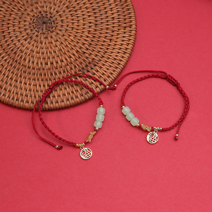 Pulsera de cuerda roja de la suerte con dije de personaje Fu con cuentas de jade hechas a mano con Buddha Stones