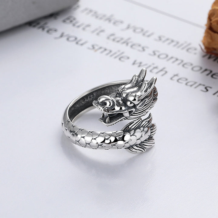 Anillo de metal ajustable con Buddha Stones de plata de ley 925, año del dragón, fuerza de la suerte