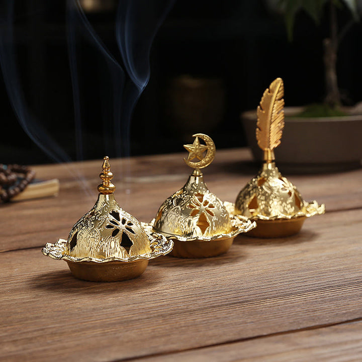 Quemador de incienso de Metal de aleación, Mini meditación espiritual, pluma de estrella de calabaza dorada