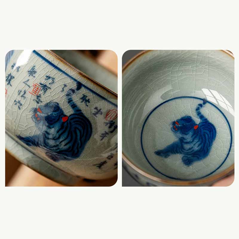 Buddha Stones Jingdezhen pintado a mano lindo tigre taza de té de cerámica Kung Fu taza de té tazón 140ml