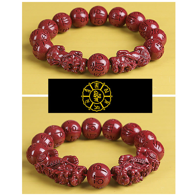 Pulsera de cuentas de cinabrio PiXiu doble Natural Om Mani Padme Hum riqueza y suerte