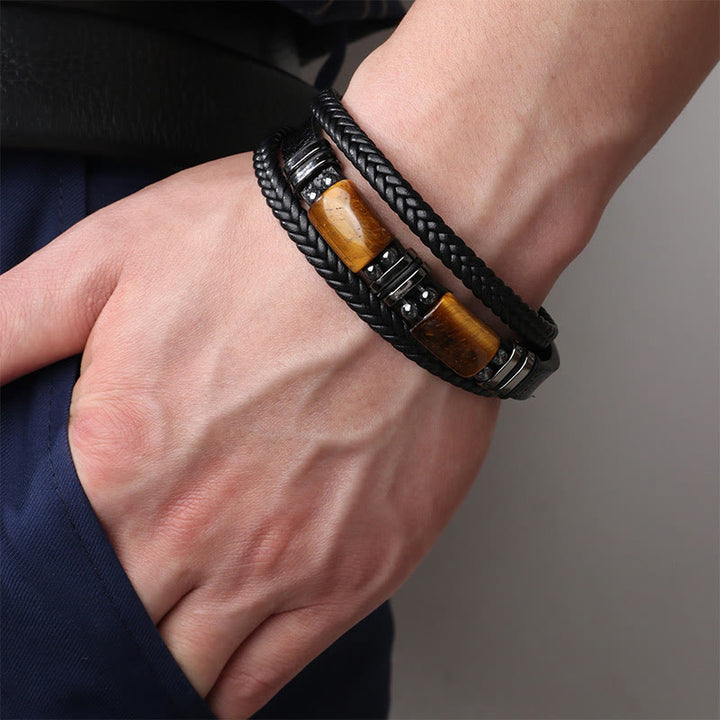 Pulsera de cuero multicapa con hebilla magnética y ojo de tigre con Buddha Stones