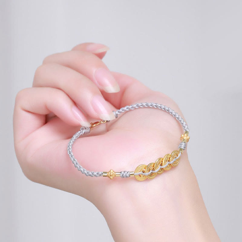 Pulsera trenzada de cuerda azul con Buddha Stones, moneda de cobre, árbol de la fortuna, perla, suerte