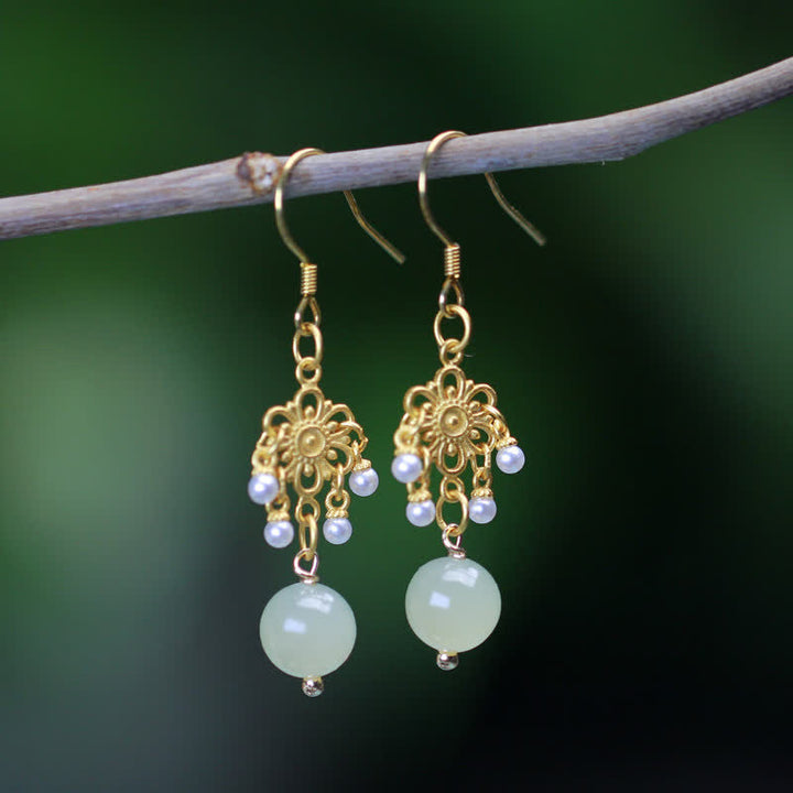 Pendientes colgantes con forma de gota de la suerte, chapados en oro de 14 quilates, con patrón de flores de jade hetiano