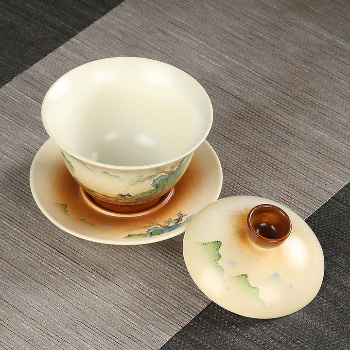 Taza de té y platillo con tapa, cerámica Gaiwan Sancai, paisaje de montaña, paisaje de montaña, Buddha Stones, Kung Fu - image 1