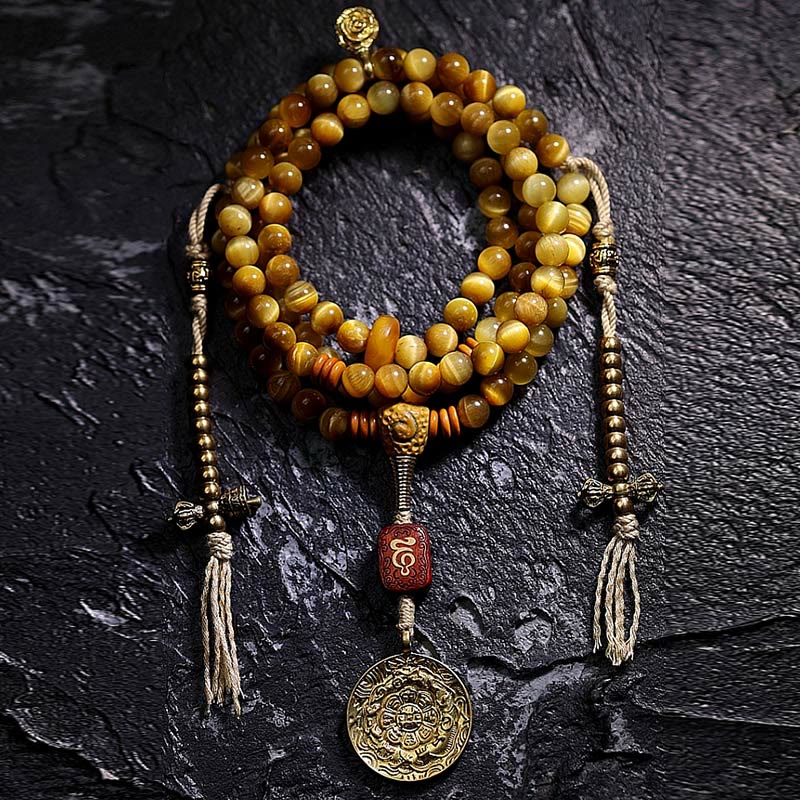 Pulsera con borlas de protección Dorje de cobre y ojo de tigre Natural, 108 cuentas de Mala , Buddha Stones