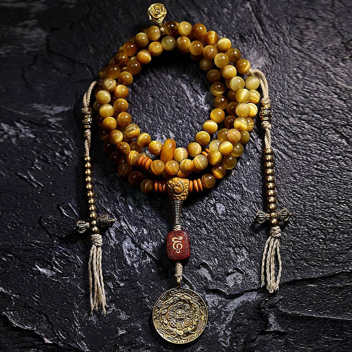 Pulsera con borlas de protección Dorje de cobre y ojo de tigre Natural, 108 cuentas de Mala , Buddha Stones