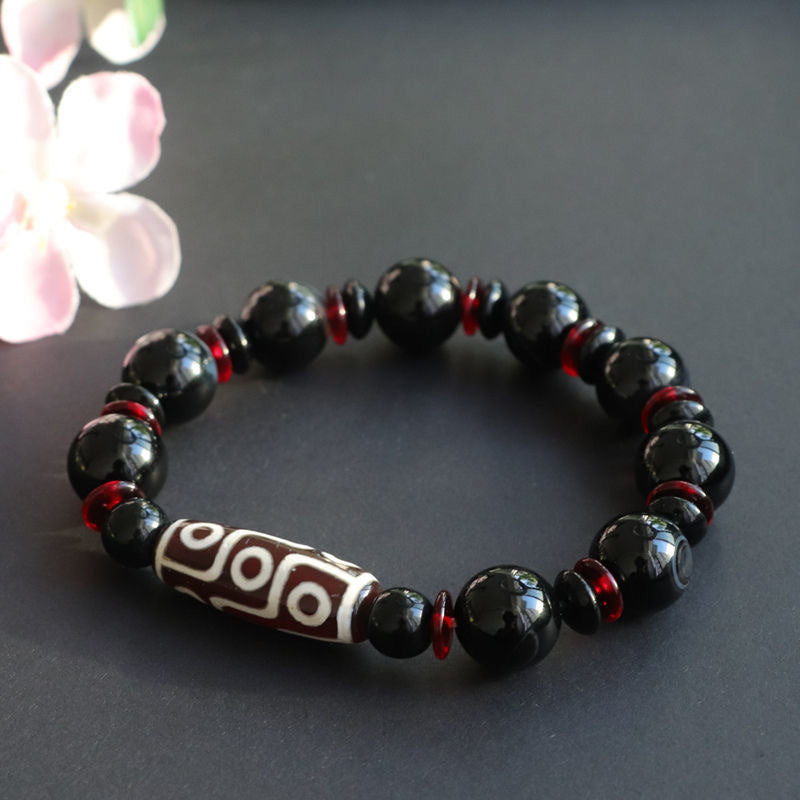 Pulsera de protección de la riqueza con cuentas Dzi de nueve ojos de ónix negro y Buddha Stones