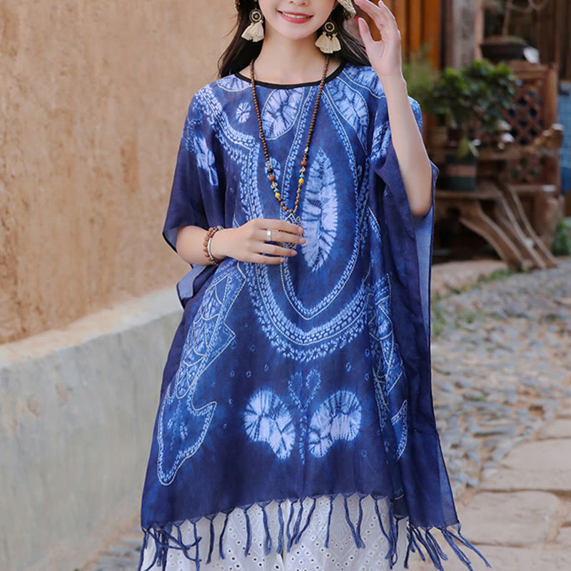 Jersey de viaje acogedor con borlas y chal Batik geométrico azul de Buddha Stones 90*95cm