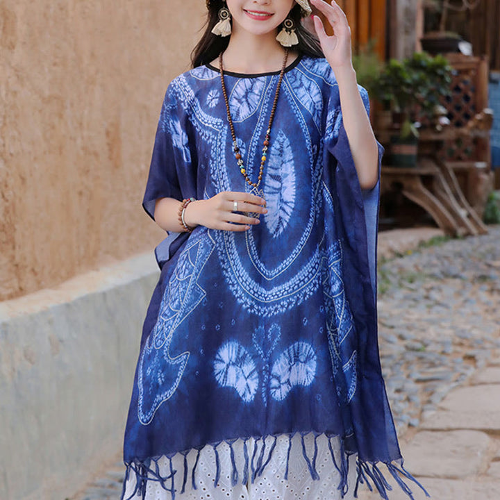 Jersey de viaje acogedor con borlas y chal Batik geométrico azul de Buddha Stones 90*95cm