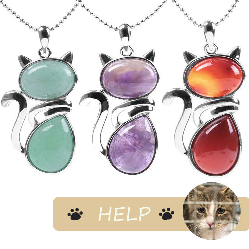 Save A Cat; Lindo patrón de gato Protección de cristal natural Collar con colgante amante de los gatos - image 2