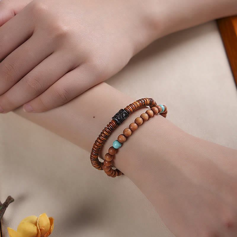 Pulsera de doble vuelta con protección de sándalo, turquesa y sándalo rojo de hoja pequeña con Buddha Stones