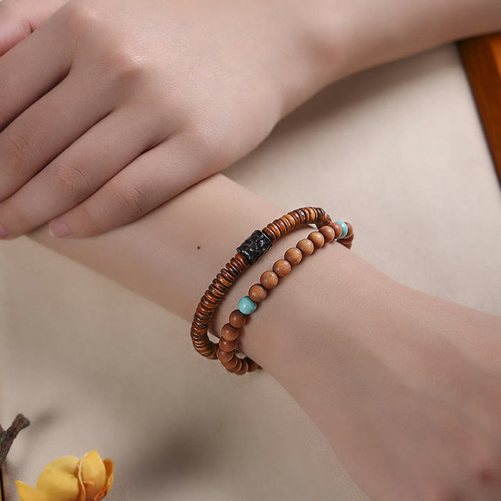 Pulsera de doble vuelta con protección de sándalo, turquesa y sándalo rojo de hoja pequeña con Buddha Stones