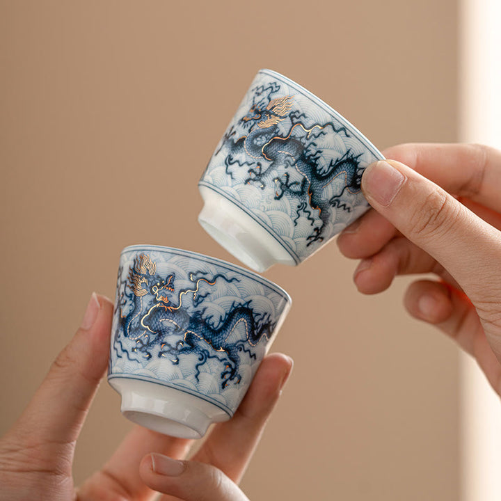 Tazas de té de cerámica con diseño de dragón blanco y azul pequeño de Buddha Stones, tazas de té de Kung Fu de 45ml