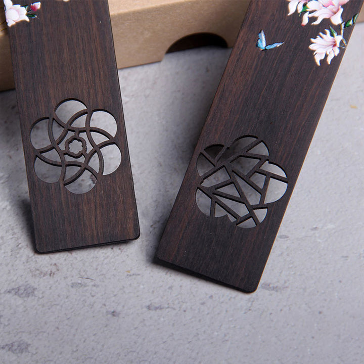 Marcadores de madera de ébano con flores de mariposa y Buddha Stones con caja de regalo