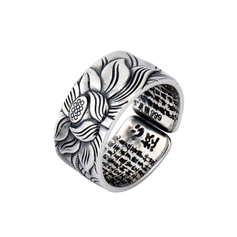 Anillo de protección Sutra de corazón con símbolo de loto de plata de ley 999 con Buddha Stones