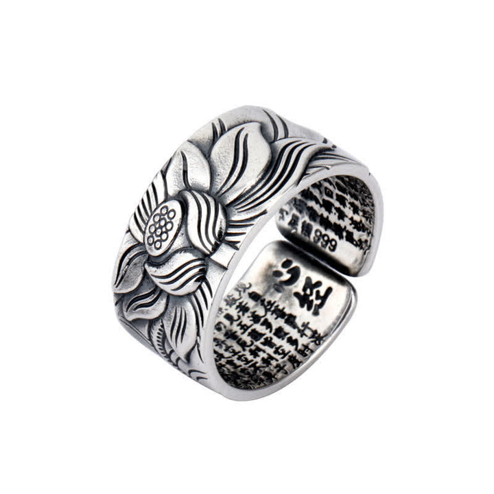 Anillo de protección Sutra de corazón con símbolo de loto de plata de ley 999 con Buddha Stones