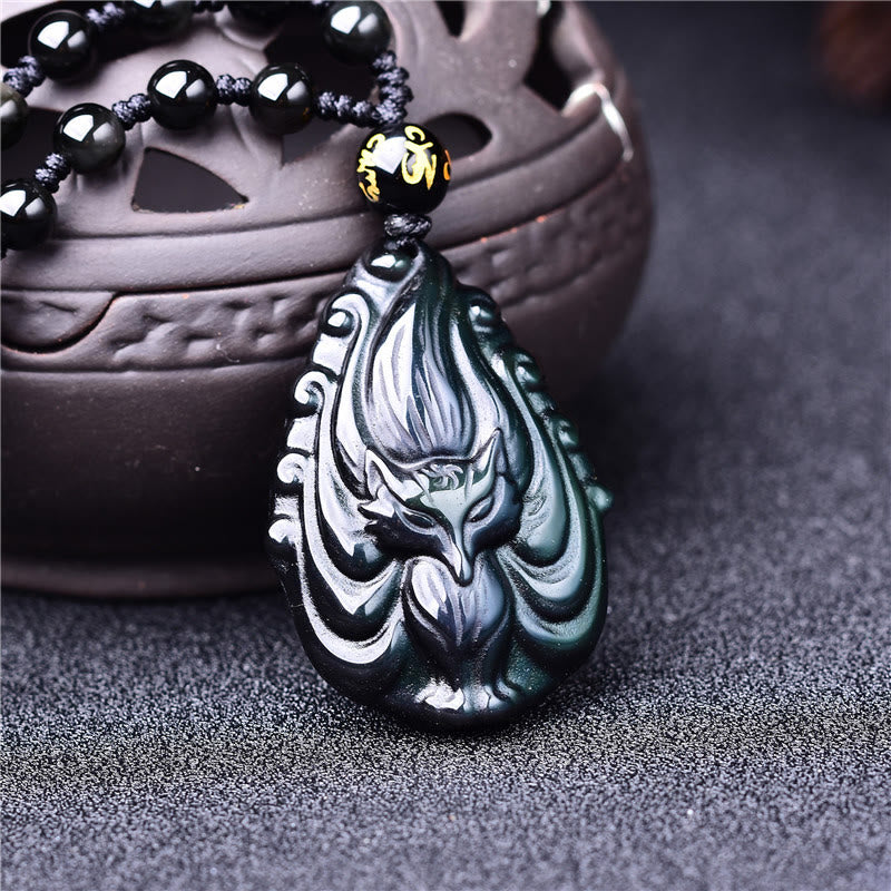 Buddha Stones, obsidiana arcoíris Natural, zorro de nueve colas, collar de paz interior, colgante de cadena con cuentas