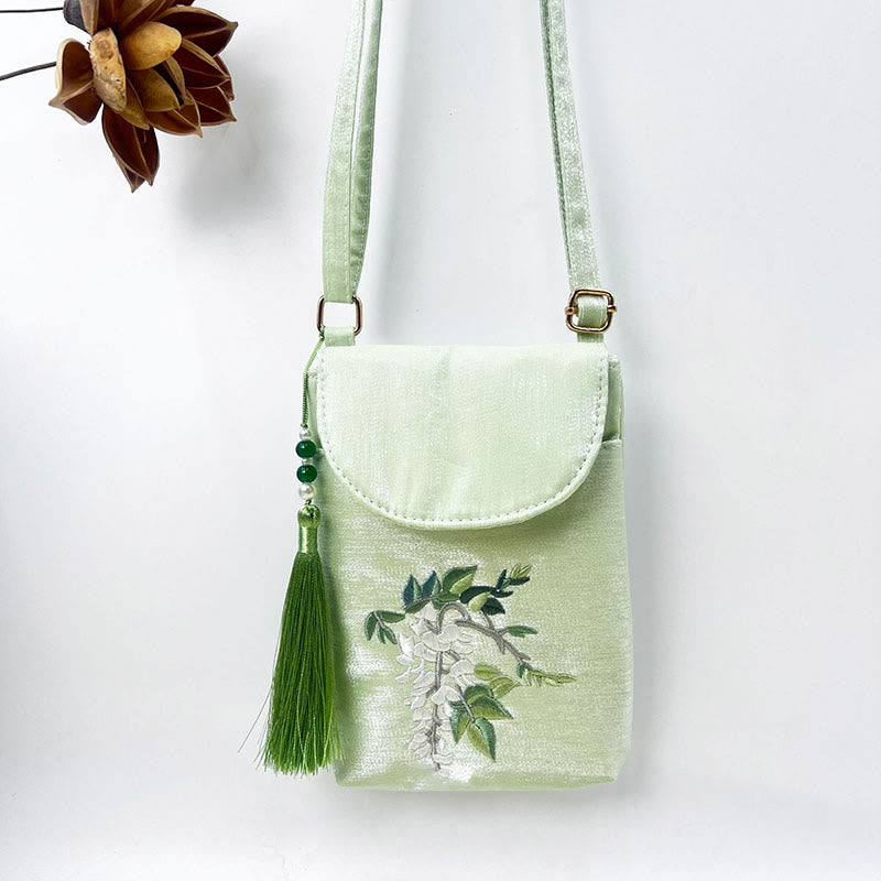 Bolso bandolera con flores bordadas pequeñas y Buddha Stones, bolso de hombro, bolso para móvil de doble capa