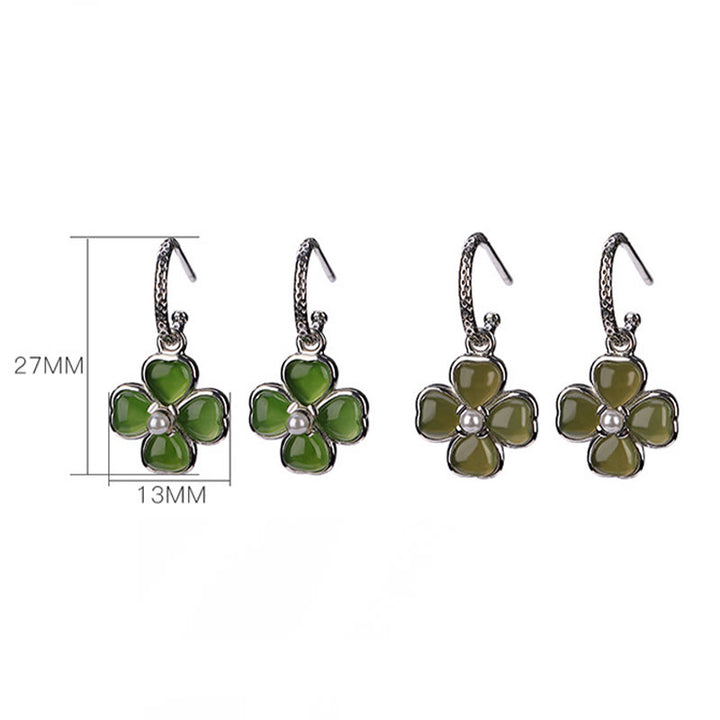 Pendientes de plata de ley 925 con Buddha Stones , jade cian natural, trébol de cuatro hojas, suerte y éxito