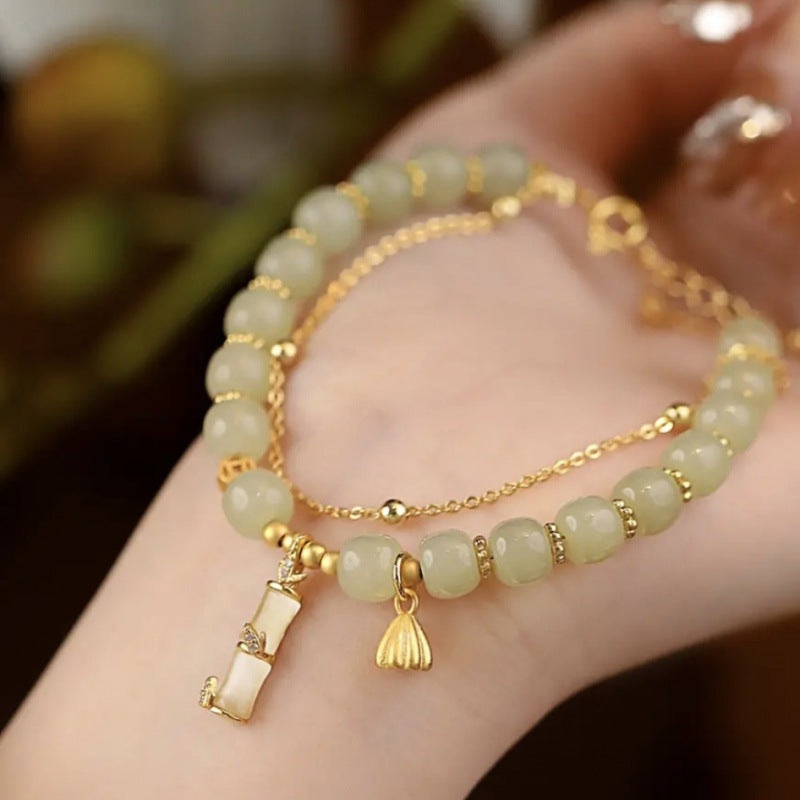 Pulsera con dijes de bambú y loto de prosperidad, jade hetiano natural, Buddha Stones
