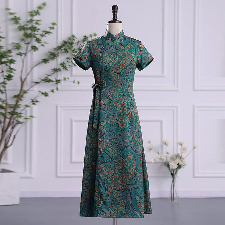 Vestido Cheongsam con estampado de hojas y nubes propicias vintage de Buddha Stones vestido Qipao para mujer