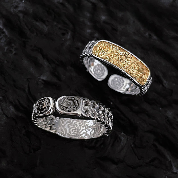 Brazalete de la suerte de cobre grabado con diseño de flor de la dinastía Tang, anillo ajustable