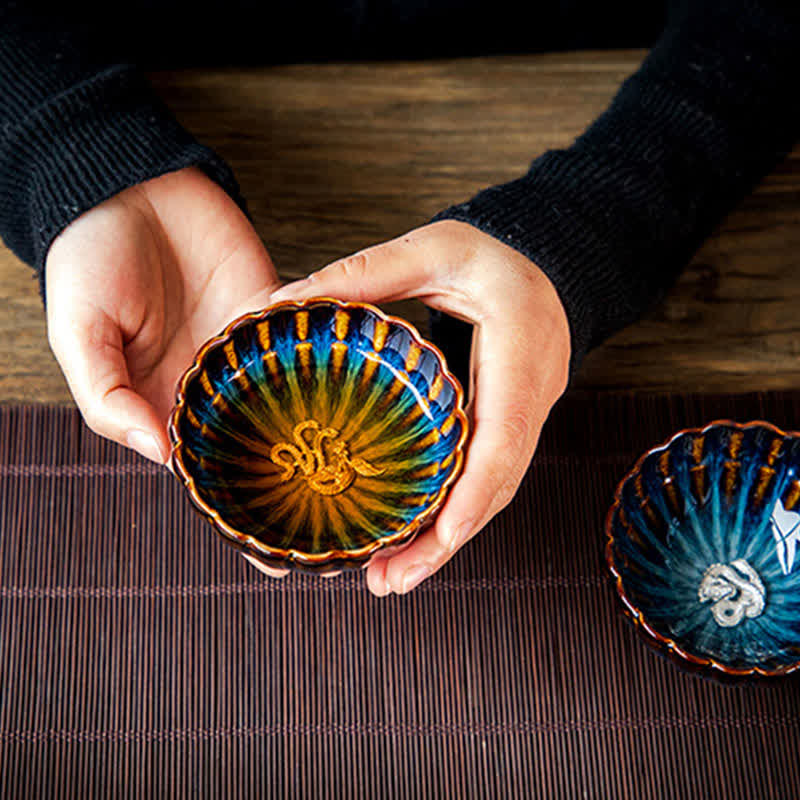 Tazas de té de cerámica con incrustaciones de Buddha Stones, loto, pez dorado, dragón auspicioso, fénix, 130 ml