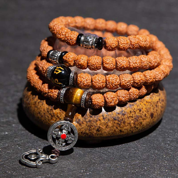 Tíbet 108 Mala cuentas Rudraksha Bodhi semilla zodiaco chino Buda Natal pulsera con dijes de riqueza