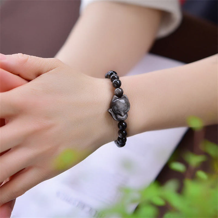 Pulsera de protección de zorro de obsidiana brillante de plata natural con Buddha Stones