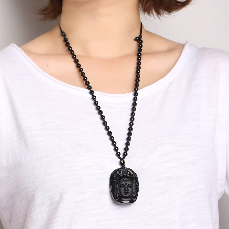 Buddha Stones Obsidiana Negra Natural Kwan Yin Avalokitesvara Collar de Cuerda de Fuerza Colgante - image 3