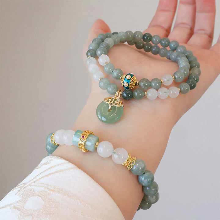 Pulsera de la suerte con hebilla de la paz de jade de doble capa con Buddha Stones