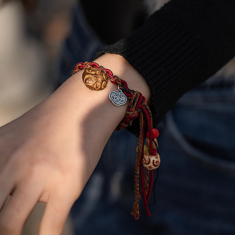 Pulsera de hilo de colores hecha a mano tibetana con Buddha Stones , Plata de Ley 925, protección de peces Koi, pulsera de cuerda resistente