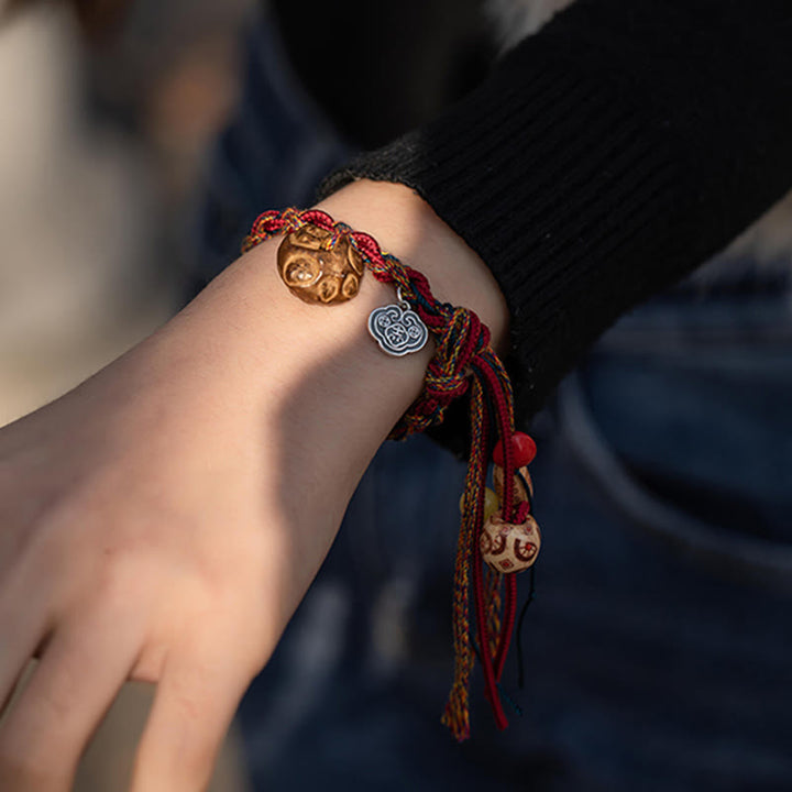 Pulsera de hilo de colores hecha a mano tibetana con Buddha Stones , Plata de Ley 925, protección de peces Koi, pulsera de cuerda resistente