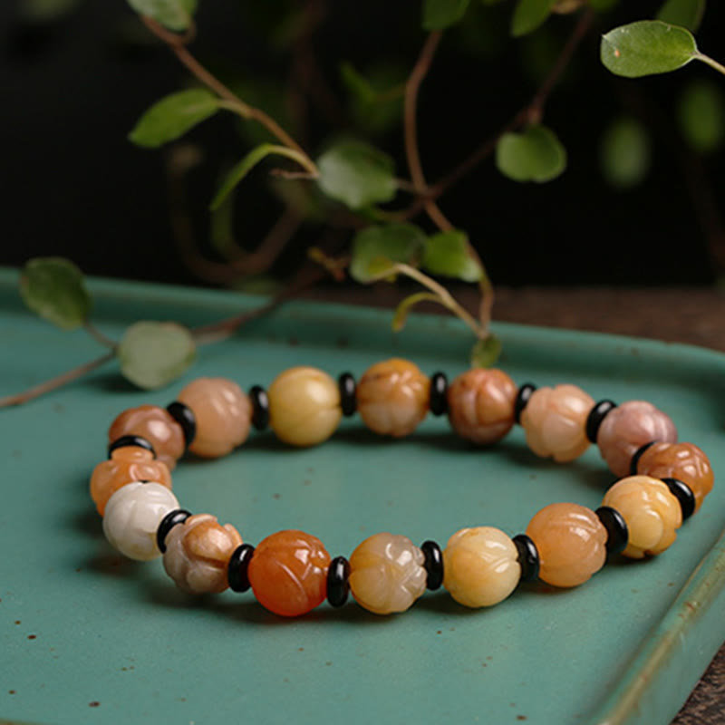 Pulsera de suerte y riqueza de loto de jade de seda dorada