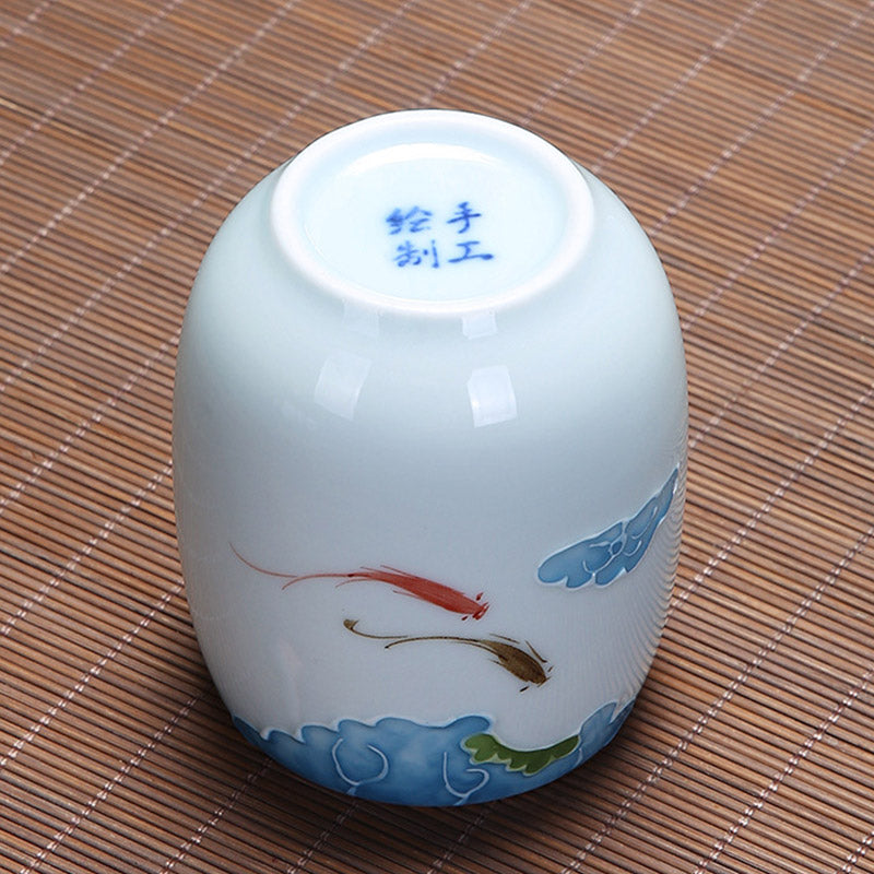 Taza de té de cerámica con Buddha Stones, pez Koi, paisaje de loto, diente de león, flor de peonía, taza de té de Kung Fu