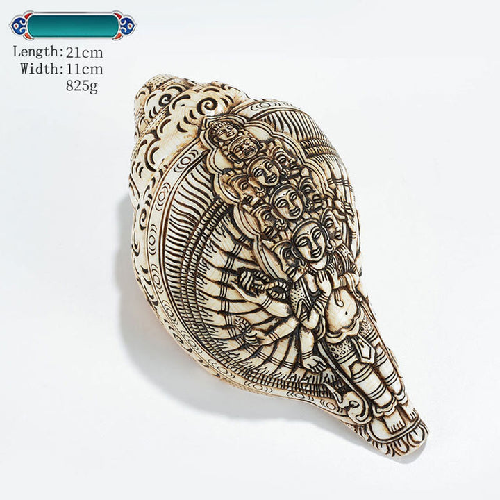 Concha tibetana hecha a mano grabada Shankha Buddha Avalokitesvara, decoración de riqueza - Avalokitesvara de los mil brazos 21*11 cm - image 32