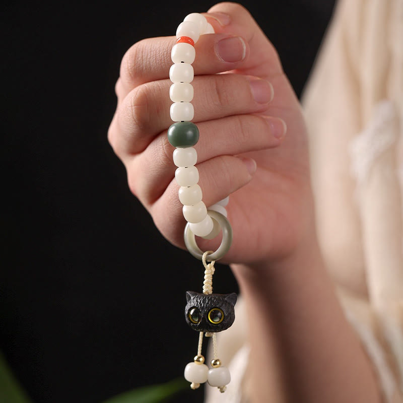 Pulsera de armonía de paz con dije de gato encantador de madera negra africana con semillas de Bodhi naturales de Buddha Stones - image 3