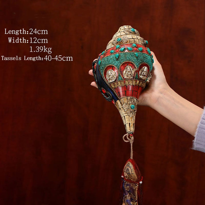 Tibetano hecho a mano Shankha Om Mani Padme Hum Buda Avalokitesvara turquesa Concha decoración positiva - Turquesa blanca 24*12cm - image 16