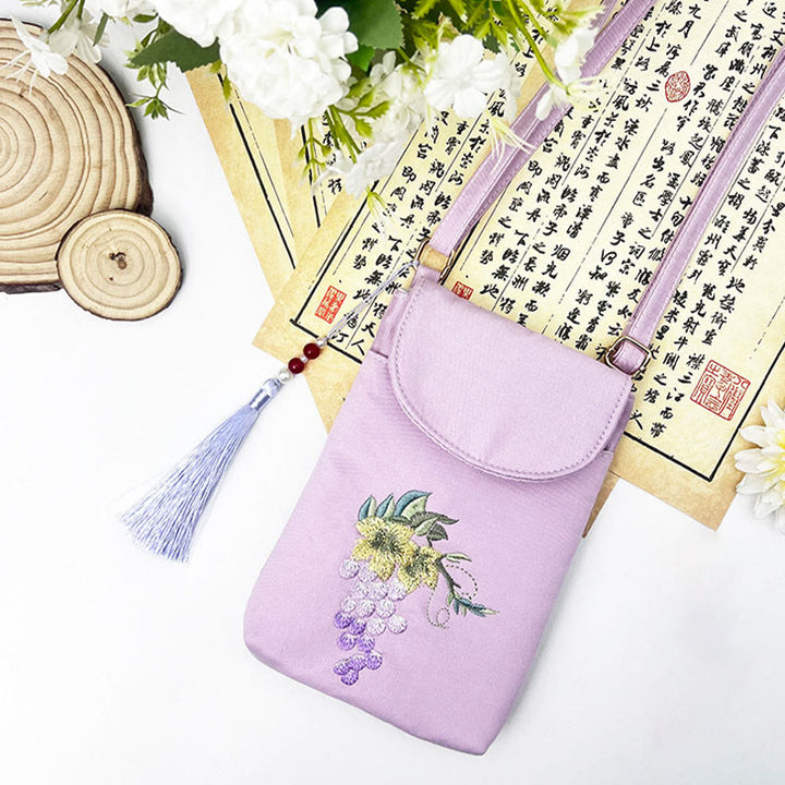 Bolso bandolera con flores bordadas pequeñas y Buddha Stones, bolso de hombro, bolso para móvil de doble capa