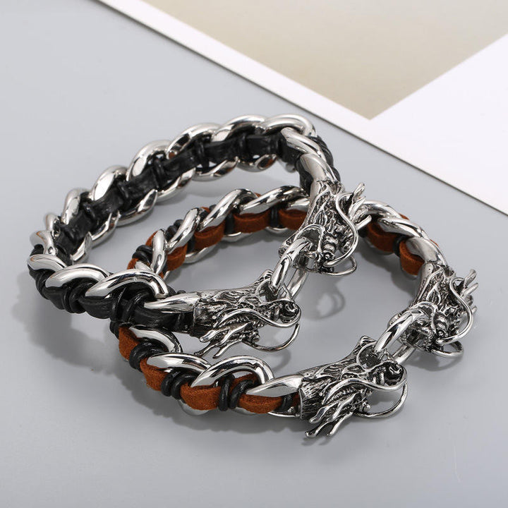 Pulsera trenzada de la suerte con protección de acero titanio y cuero de dragón